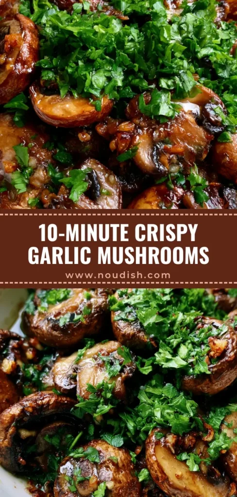 Close-up of golden-brown Air Fryer Mushrooms with toasted garlic and fresh parsley in a white bowl.