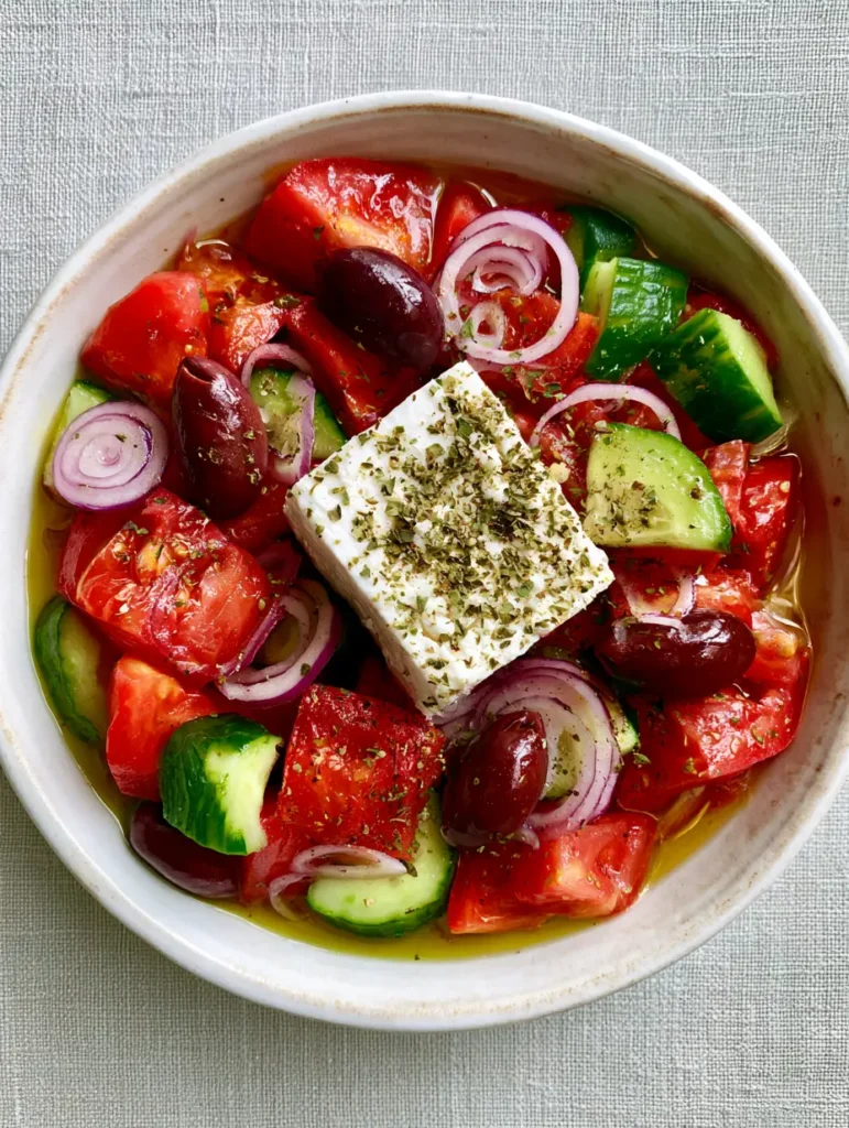 Authentic Greek Salad (Traditional Horiatiki Recipe) 1 Close up of a solid block of feta cheese dusted with oregano on an Authentic Greek Salad.