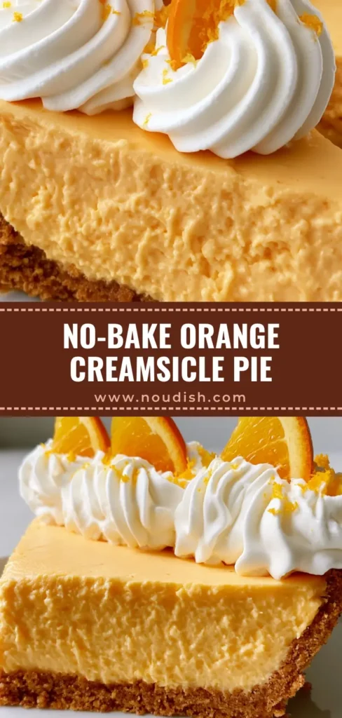 Orange Creamsicle Pie: A Nostalgic, No-Bake Citrus Dream 4 A close-up shot of an Orange Creamsicle Pie slice with a vanilla wafer crust, orange filling, and whipped cream swirls.