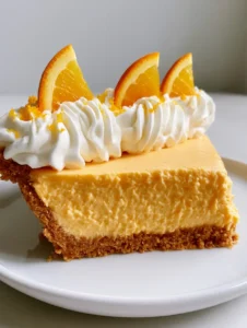 Detailed view of a slice of Orange Creamsicle Pie on a white plate showing the matte orange texture and piped cream.