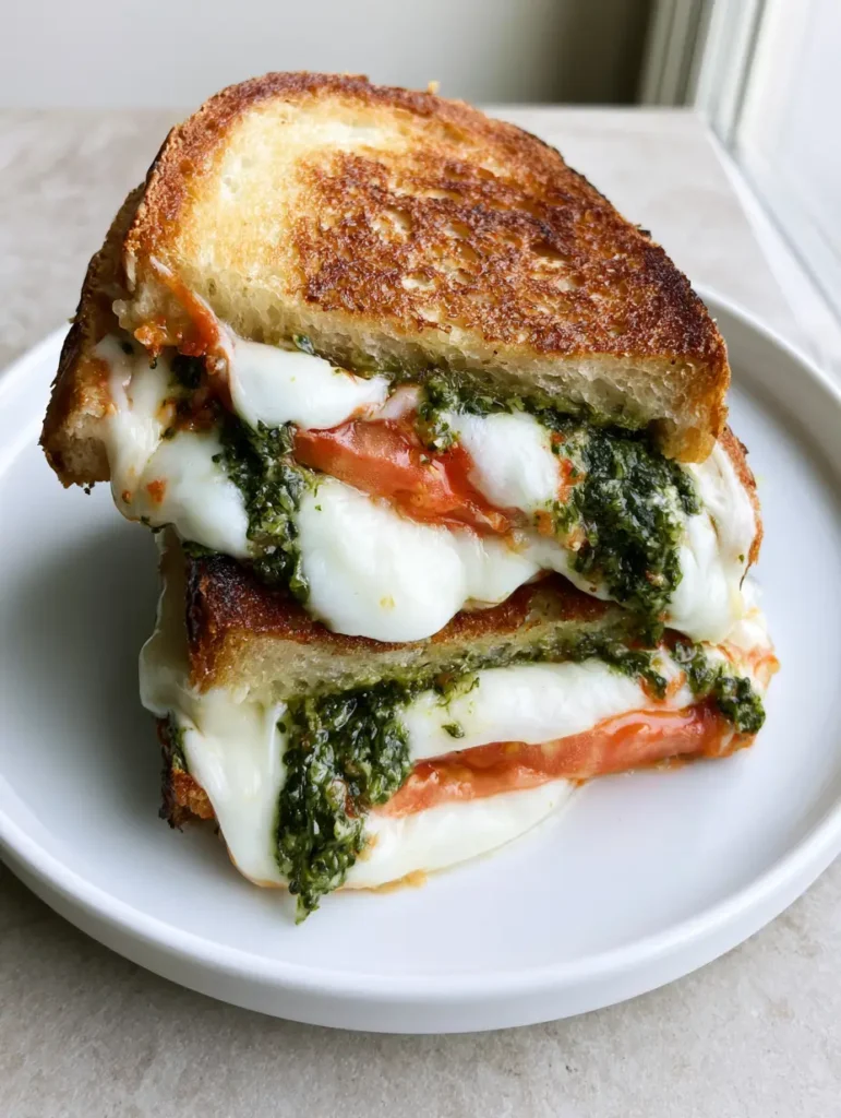 Thick-cut sourdough bread toasted golden-brown with melted mozzarella and pesto (Tomato Pesto Grilled Cheese).