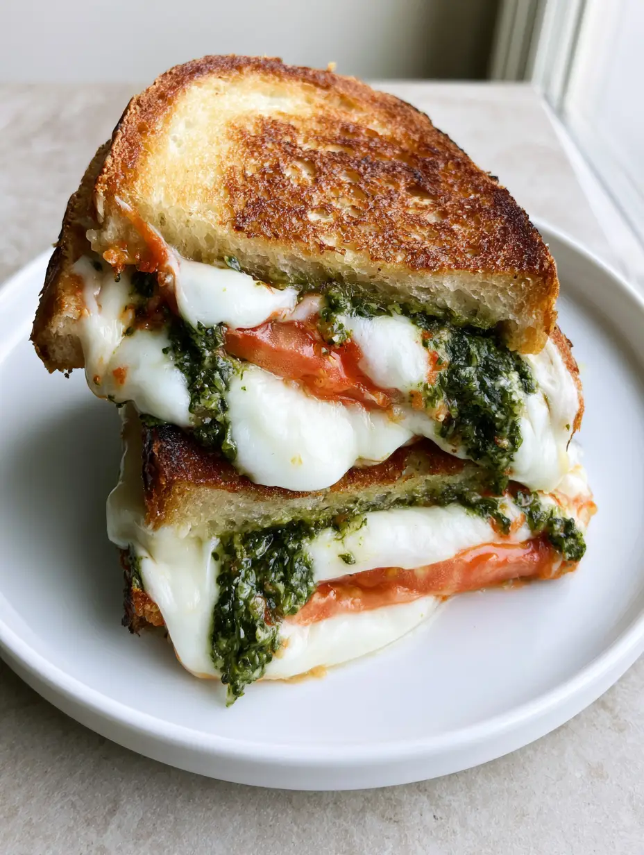 Tomato Pesto Grilled Cheese with Sourdough and Mozzarella 4 Thick-cut sourdough bread toasted golden-brown with melted mozzarella and pesto (Tomato Pesto Grilled Cheese).