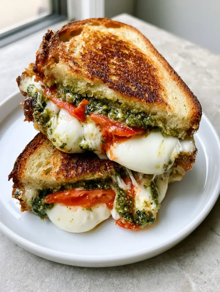 Tomato Pesto Grilled Cheese with Sourdough and Mozzarella 1 Close up of melted mozzarella cheese oozing out of a Tomato Pesto Grilled Cheese sandwich.