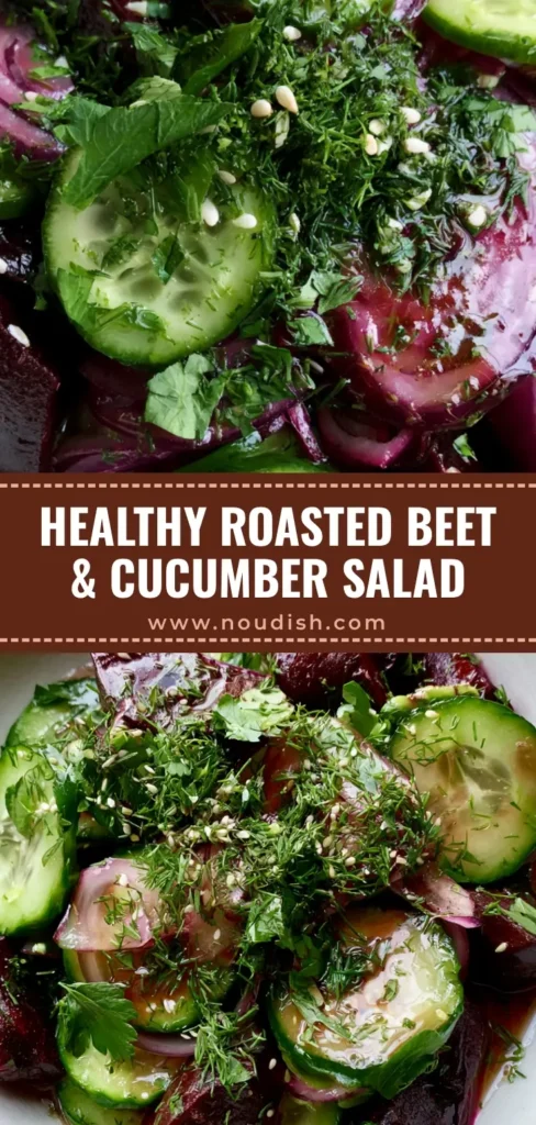 Beetroot and Cucumber Salad with Roasted Wedges and Fresh Herbs 4 A close-up vertical shot of Beetroot and Cucumber Salad featuring dark purple roasted wedges, bright green cucumber, and fresh herbs in a white bowl.