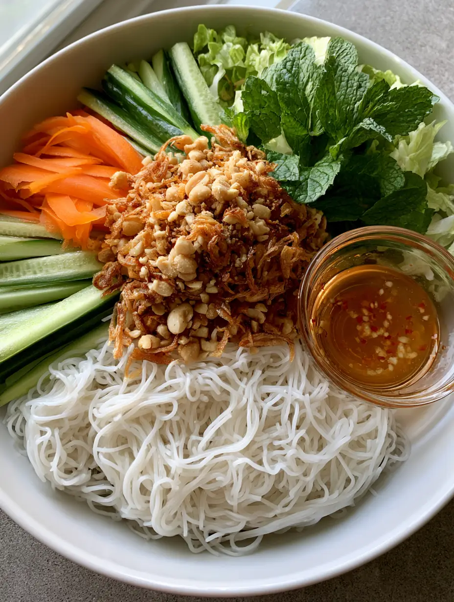 A handheld smartphone photo of an organized Vietnamese Noodle Salad bowl featuring fresh cucumber, mint, and orange pickled carrots. (Vietnamese Noodle Salad)
