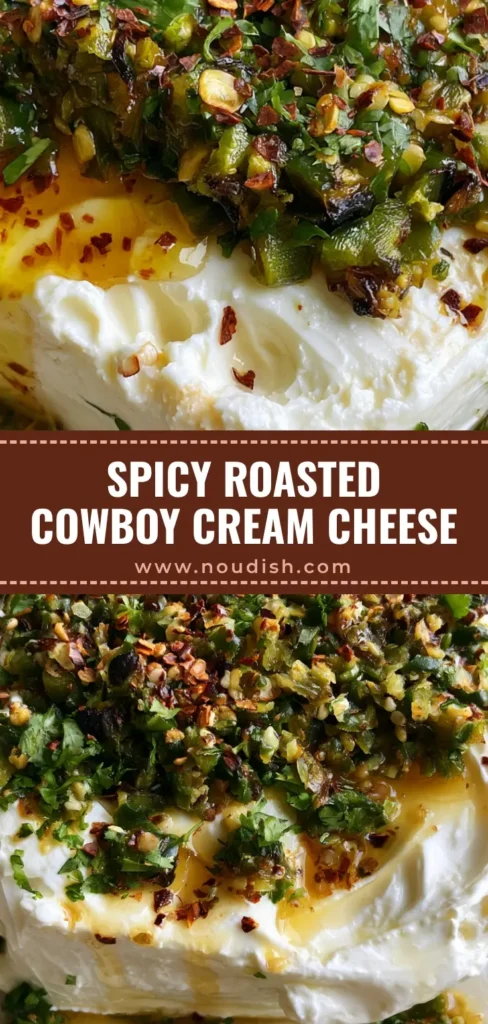 Roasted Jalapeño Cowboy Cream Cheese (The Ultimate Party Appetizer) 4 A rustic plate featuring a block of cream cheese topped with charred roasted jalapeños, golden honey mustard glaze, and fresh cilantro. (Roasted Jalapeño Cowboy Cream Cheese)