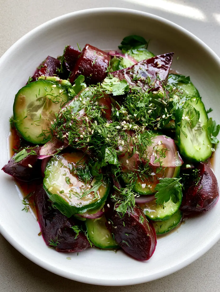 Beetroot and Cucumber Salad with Roasted Wedges and Fresh Herbs 3 Top-down view of a shallow white bowl with Beetroot and Cucumber Salad, showing glossy herb vinaigrette and sesame seeds.