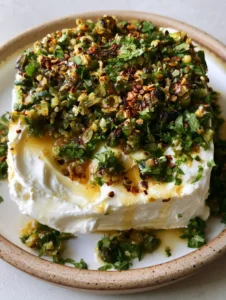 Overhead shot of Roasted Jalapeño Cowboy Cream Cheese with visible charred pepper skins and honey-mustard drizzle.