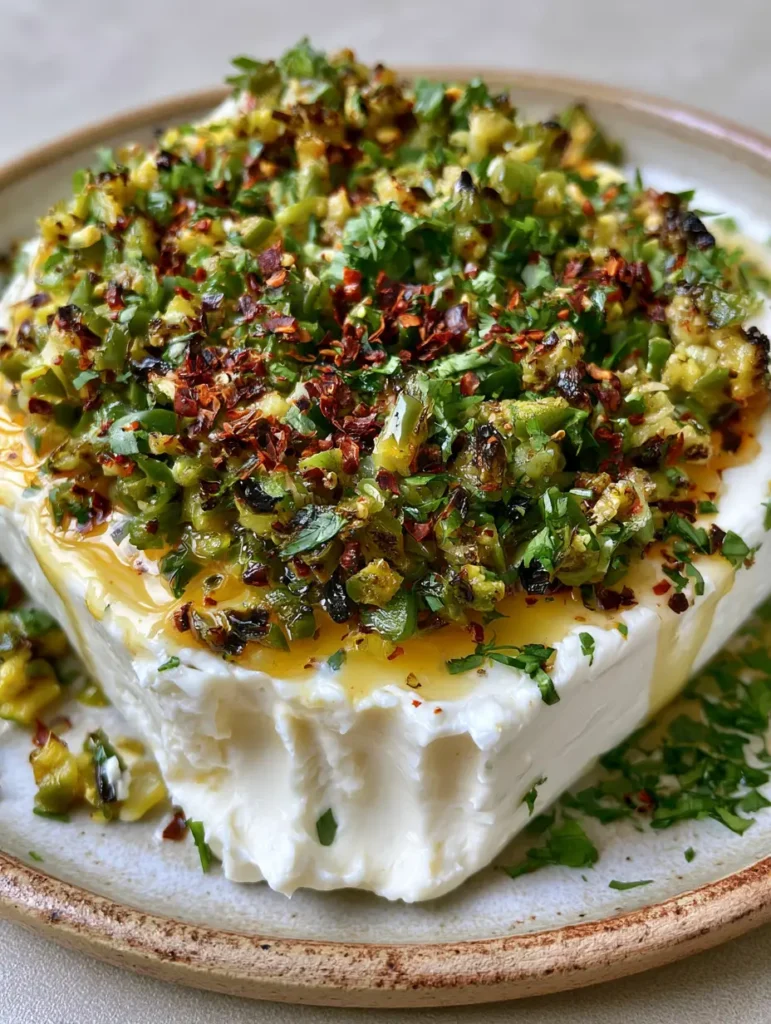 Roasted Jalapeño Cowboy Cream Cheese (The Ultimate Party Appetizer) 1 Close up of the charred jalapeño topping on a block of cream cheese with red pepper flakes. (Roasted Jalapeño Cowboy Cream Cheese)