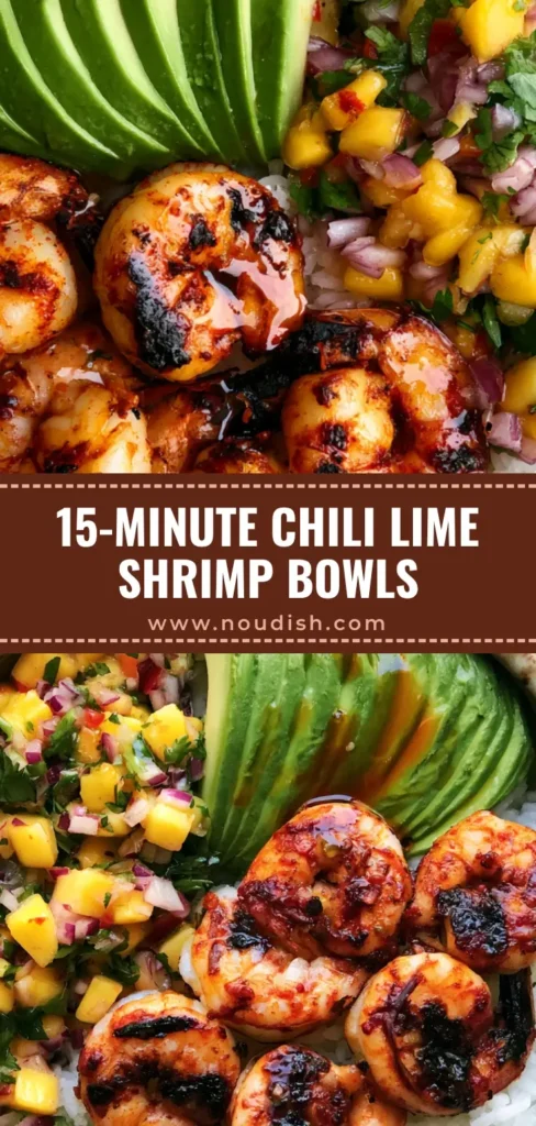 Shrimp and Avocado Bowls with Grilled Chili Shrimp & Mango Salsa 4 A top-down view of Shrimp and Avocado Bowls featuring charred chili shrimp, sliced avocado, and mango salsa over jasmine rice.