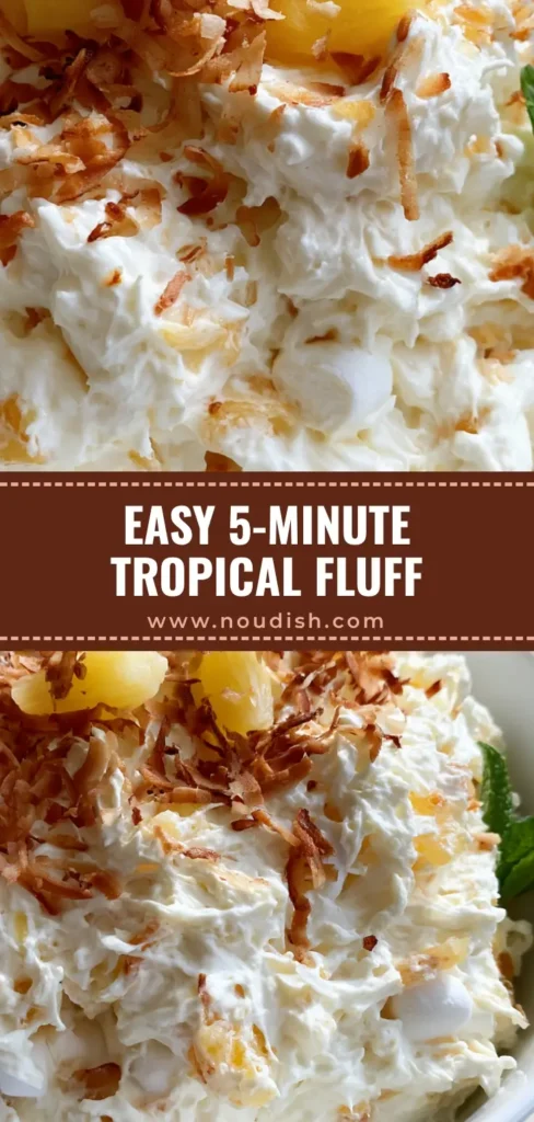 A tall Pinterest pin showing a white ceramic bowl of Hawaiian Pineapple Coconut Fluff topped with golden toasted coconut and fresh mint.