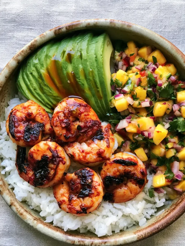 Shrimp and Avocado Bowls with Grilled Chili Shrimp & Mango Salsa 2 Close up shot of charred grilled shrimp with dark char marks and red chili rub in Shrimp and Avocado Bowls.