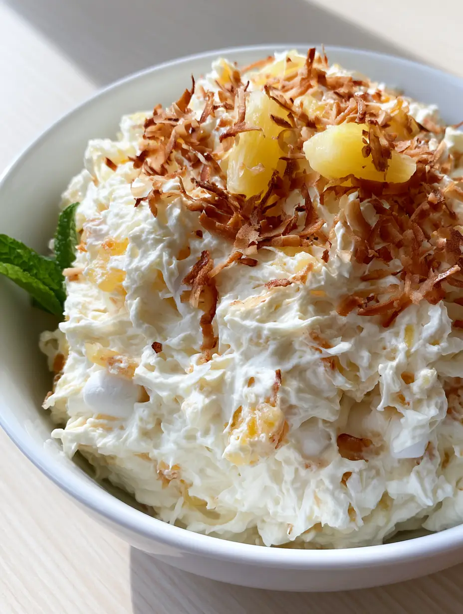 Close-up smartphone photo of Hawaiian Pineapple Coconut Fluff in a white bowl showing the thick, airy texture and mini marshmallows.