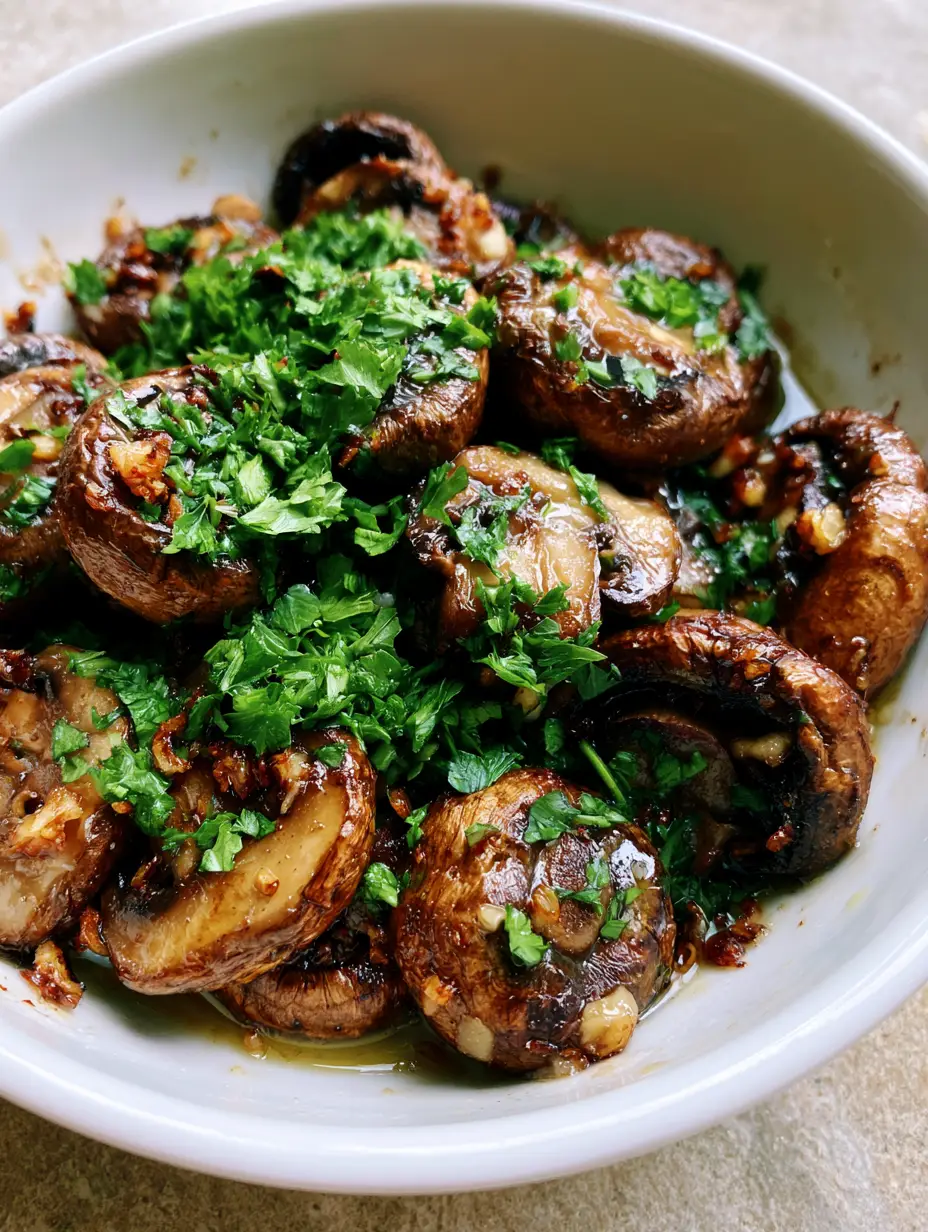 Sizzling Air Fryer Mushrooms showing deep caramelization and roasted garlic bits.