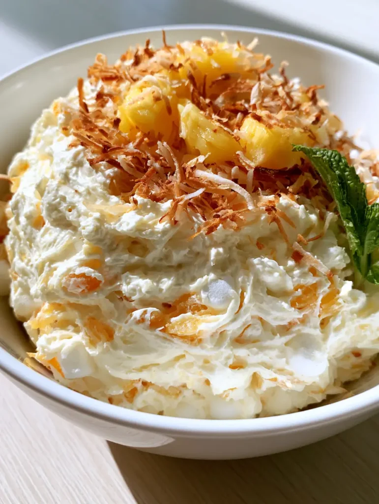 Bird's eye view of Hawaiian Pineapple Coconut Fluff garnished with toasted golden-brown shredded coconut and a sprig of mint.