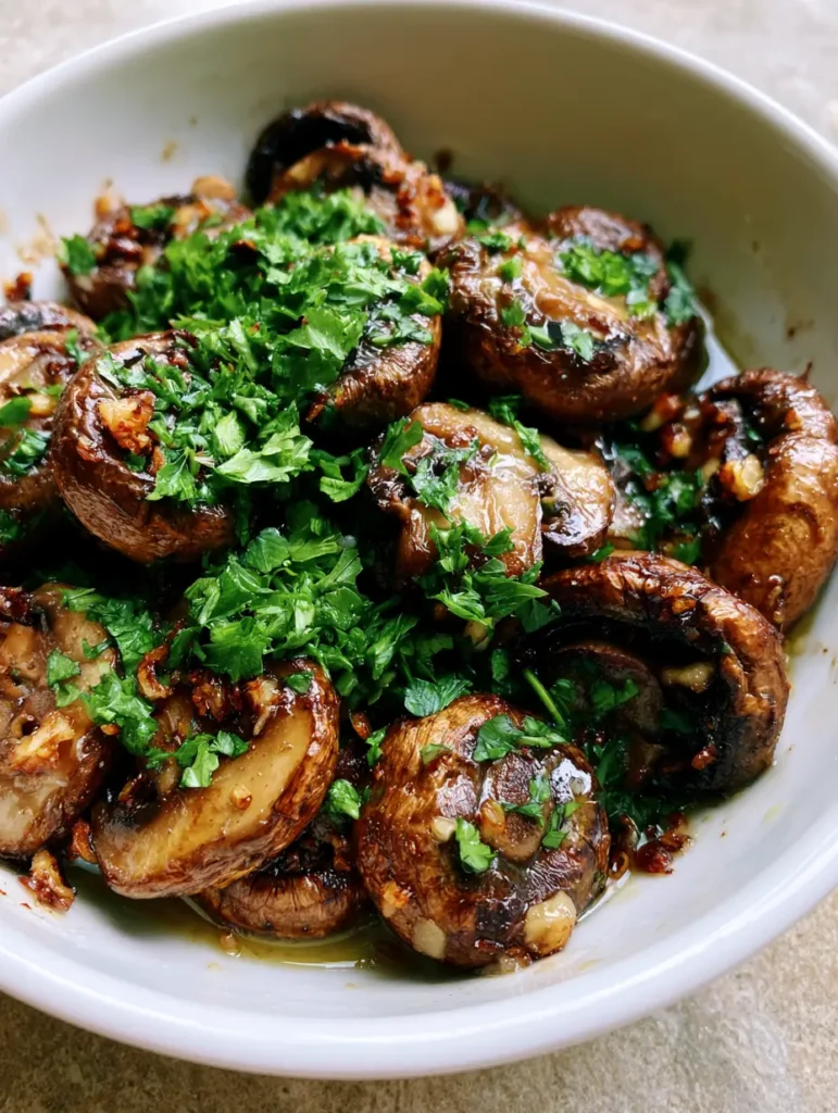 A close-up view of sliced mushrooms air fried to perfection with green parsley garnish.