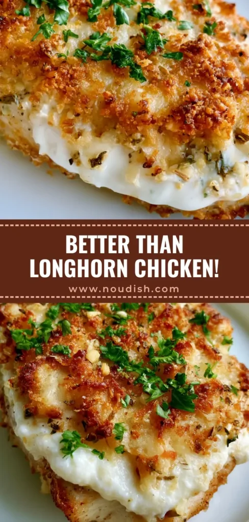A close-up of Copycat Longhorn Parmesan Crusted Chicken with a thick golden panko crust and melted cheese on a white plate. (Copycat Longhorn Parmesan Crusted Chicken)