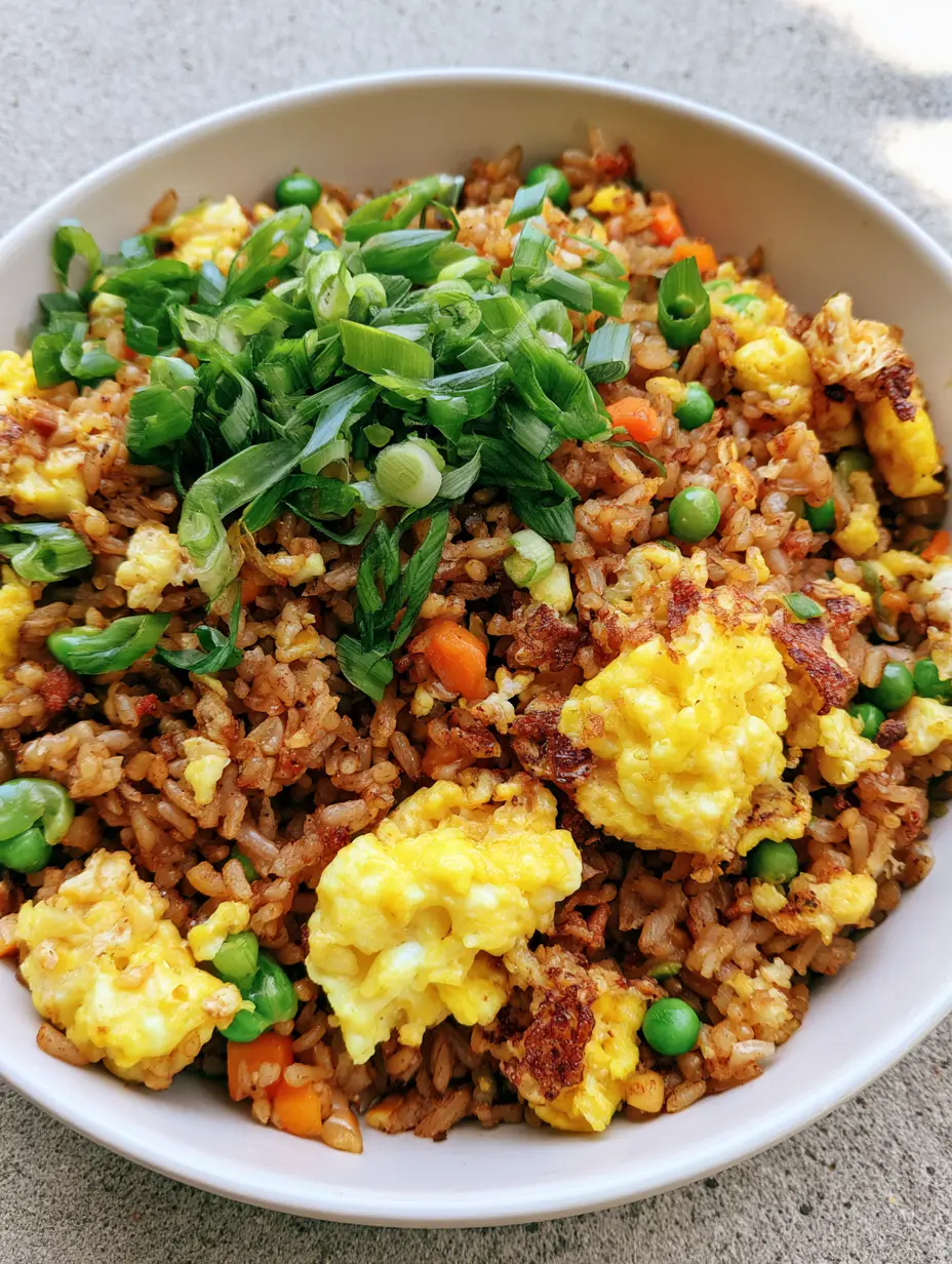Egg Fried Rice: The Ultimate 15-Minute Better-Than-Takeout Recipe 3 Smartphone photo of a bowl of Egg Fried Rice with seared grains, peas, and carrots on a concrete surface. (Egg Fried Rice)
