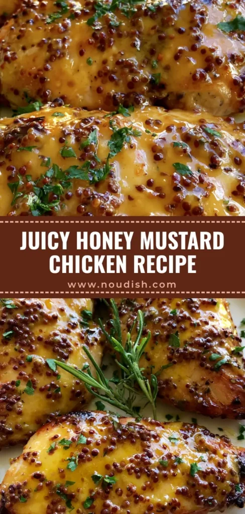 A top-down view of three seared and baked Honey Mustard Chicken breasts with a thick, glossy golden-amber glaze and whole grain mustard seeds.