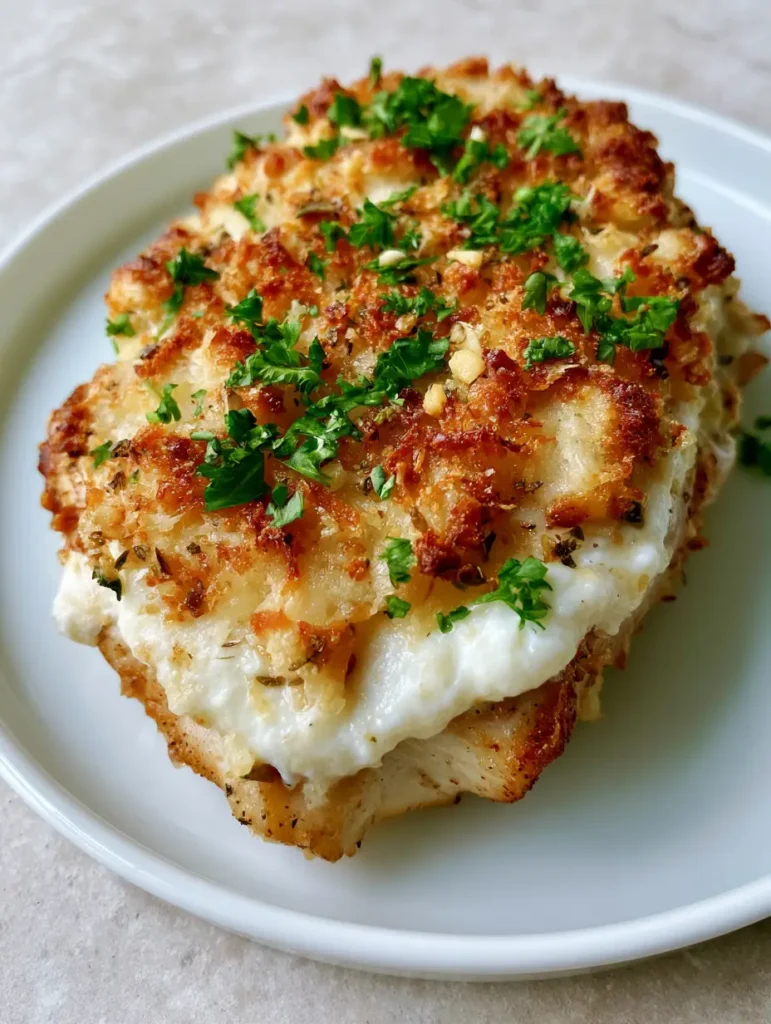 Close-up of the dense, crunchy crust and melted Parmesan on the Copycat Longhorn Parmesan Crusted Chicken.