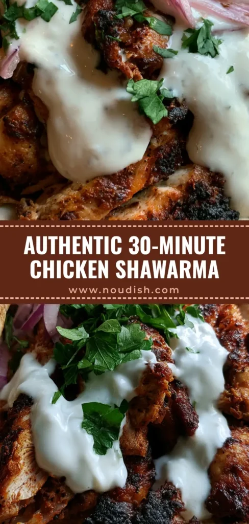 A handheld authentic chicken shawarma pita wrap with charred chicken thighs, white garlic sauce, red onions, and parsley. (Chicken Shawarma Recipe)