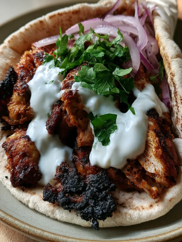 Mobile photo of sliced spiced chicken thighs with dark charred edges for a Chicken Shawarma Recipe.