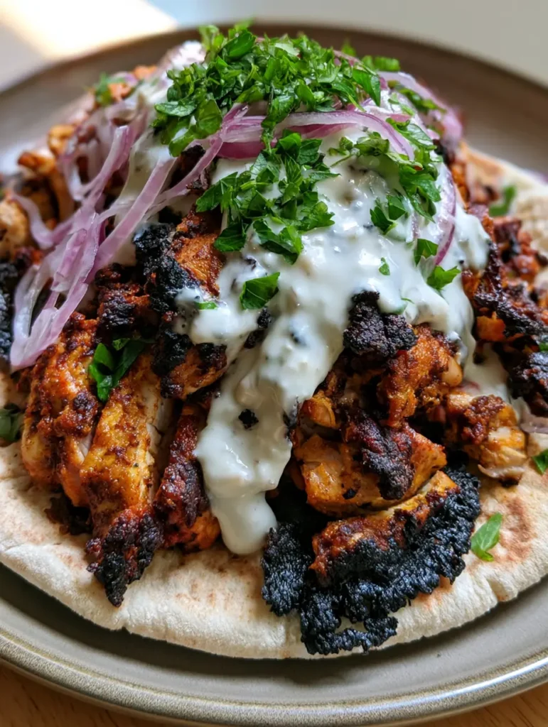 Close up of a Chicken Shawarma Recipe wrap showing thick velvety garlic sauce and fresh parsley.