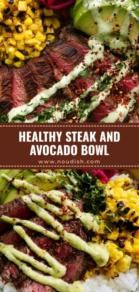A handheld smartphone photo of a deconstructed Steak and Avocado Bowl in a white ceramic vessel featuring medium-rare sirloin, charred corn, and cilantro cream.