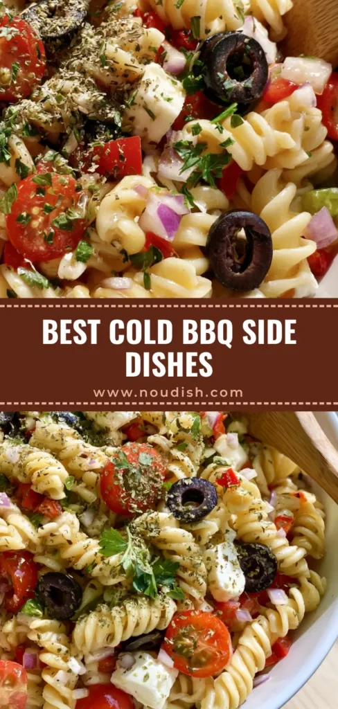 Cold BBQ Side Dishes: The Ultimate Mediterranean Rotini Pasta Salad 3 A vibrant white ceramic bowl of Mediterranean pasta salad, one of the best cold BBQ side dishes, featuring rotini, feta, and olives.