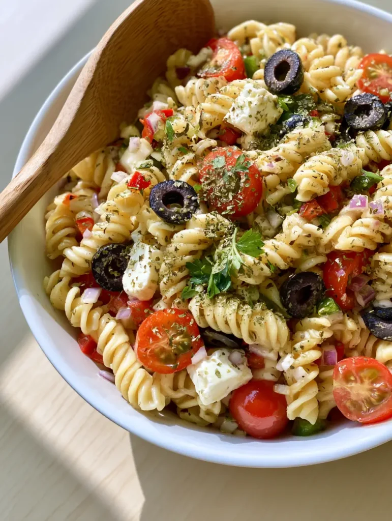 A top-down smartphone photo of rotini pasta salad with a glossy vinaigrette, perfect for Cold BBQ Side Dishes.