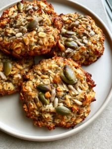 Top-down view of rustic Healthy Energy Cookies showing green pumpkin seeds and crushed walnuts.