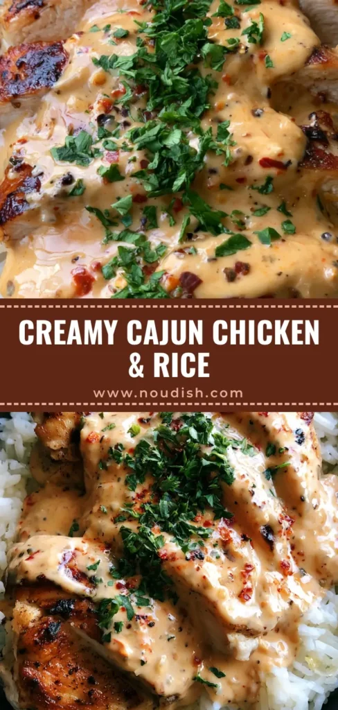 Creamy Cajun Chicken with Fluffy Garlic Rice: A 30-Minute Dinner 4 A close-up of Creamy Cajun Chicken with charred chicken slices and orange sauce over garlic rice in a dark bowl.
