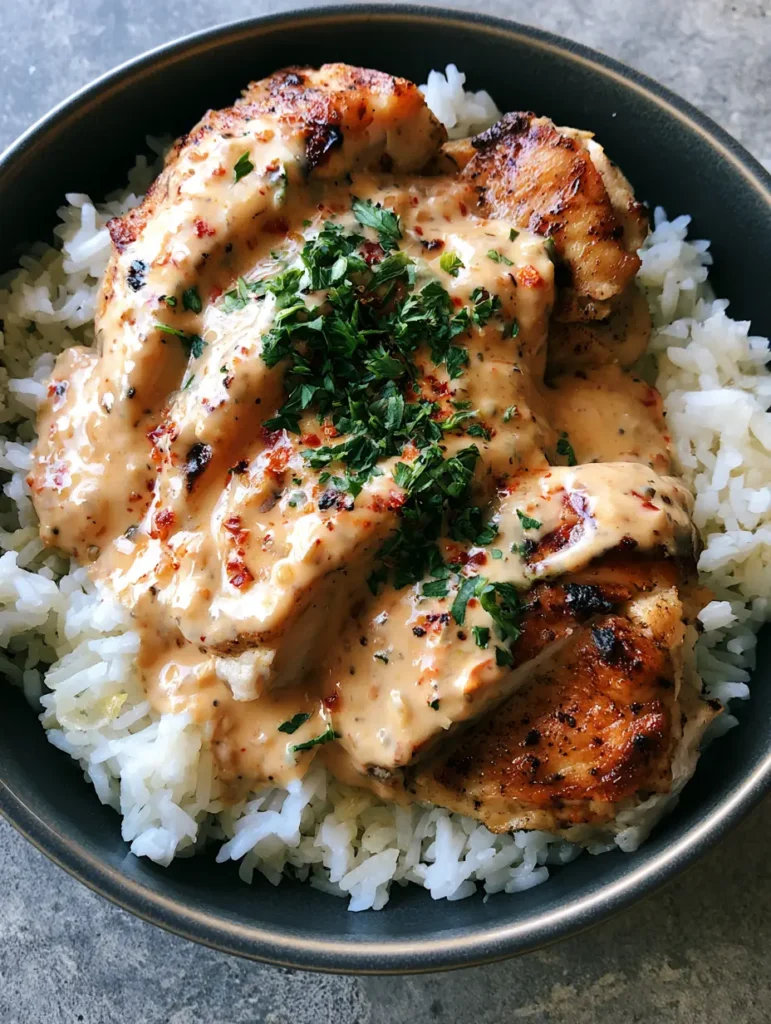 Top-down view of Creamy Cajun Chicken served in a dark ceramic bowl with parsley garnish and garlic rice.
