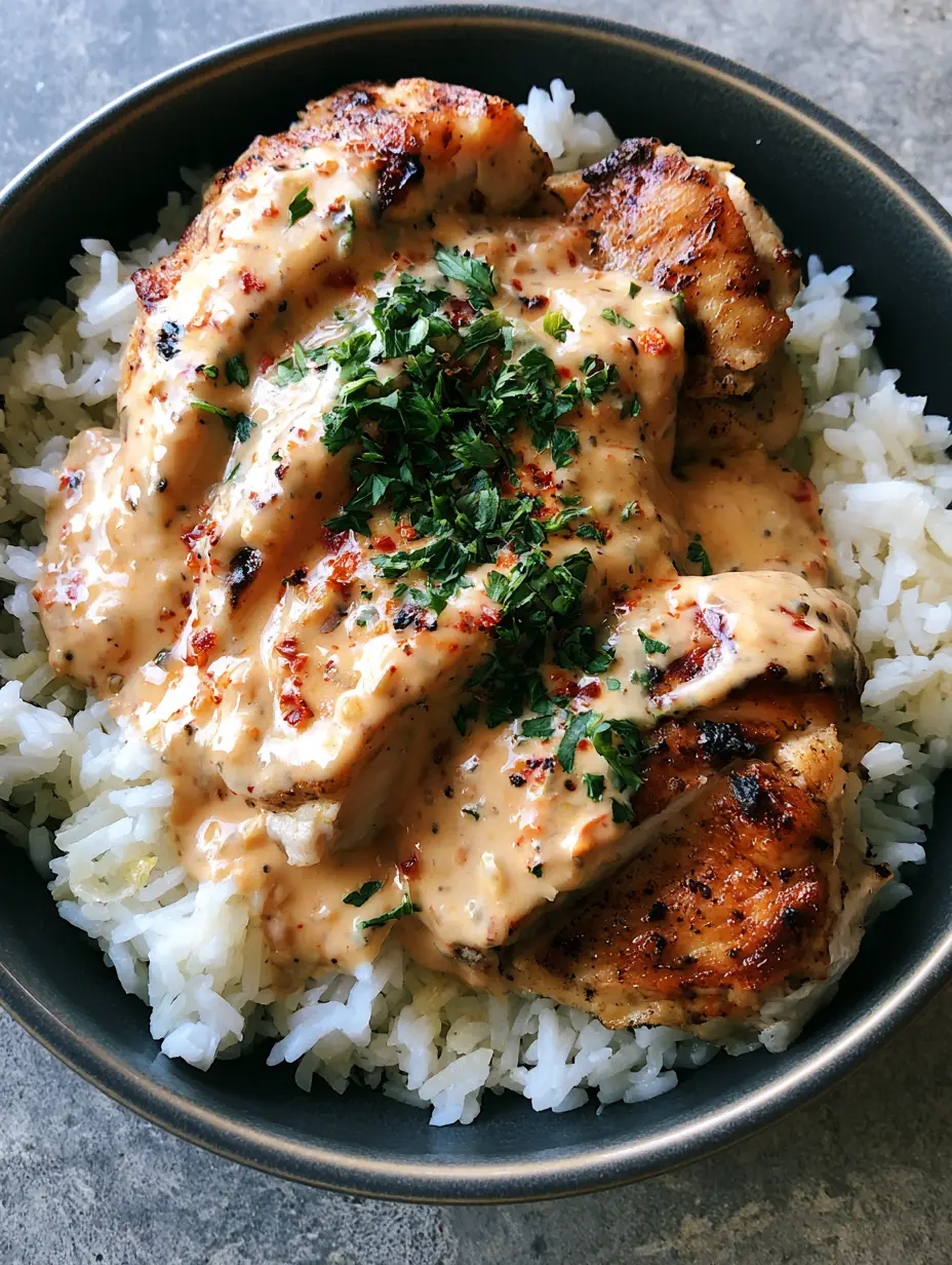 Creamy Cajun Chicken with Fluffy Garlic Rice: A 30-Minute Dinner 3 Top-down view of Creamy Cajun Chicken served in a dark ceramic bowl with parsley garnish and garlic rice.