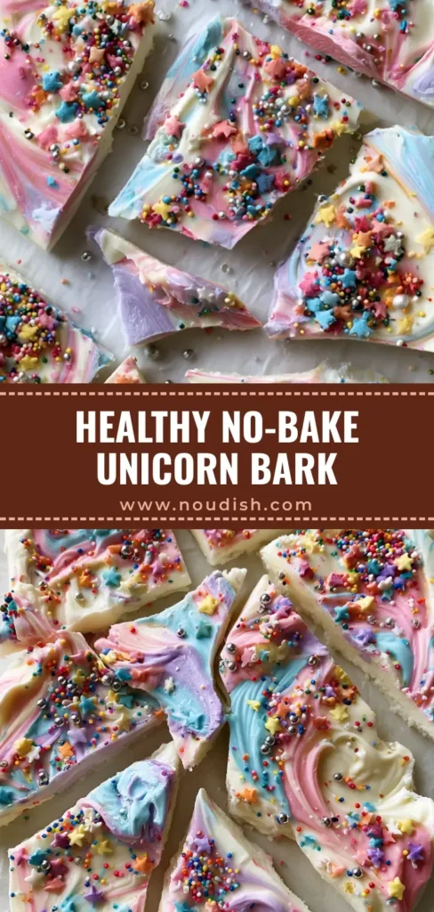 Unicorn Yogurt Bark: A Magical Frozen Healthy Snack 4 A pile of jagged frozen shards of Unicorn Yogurt Bark with pastel pink, blue, and lavender swirls, topped with silver pearls and star sprinkles on parchment paper.