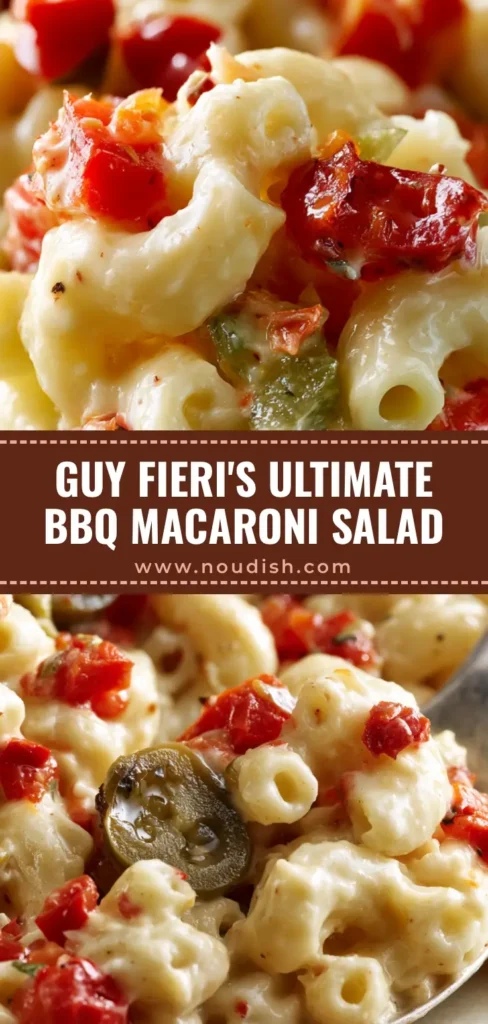Guy Fieri Macaroni Salad: The Ultimate Mac Daddi Roni Recipe 3 Extreme macro close up of a silver spoon holding a portion of Guy Fieri Macaroni Salad with glossy noodles, red peppadews, and creamy dressing.