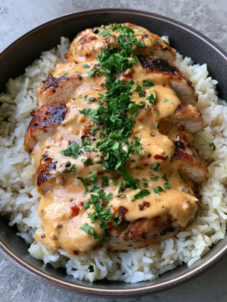 Creamy Cajun Chicken with Fluffy Garlic Rice: A 30-Minute Dinner 1 Close up shot of glossy orange Cajun sauce and charred chicken breast slices.