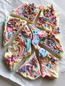 Top-down view of frozen Unicorn Yogurt Bark broken into irregular jagged shards featuring pastel marbled swirls and colorful star sprinkles.