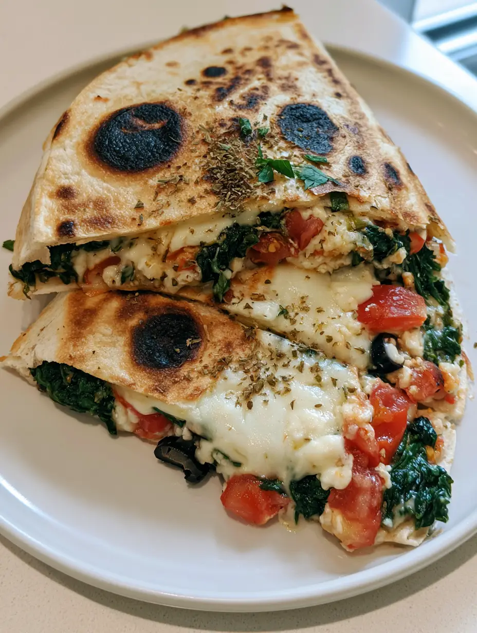 Close up of a Mediterranean Quesadilla Recipe featuring golden brown flour tortillas with distinct dark char marks and melted white cheese.