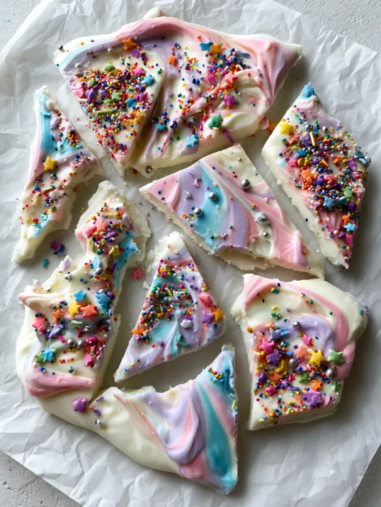 Unicorn Yogurt Bark: A Magical Frozen Healthy Snack 1 Close-up of frozen Greek yogurt bark shards with star-shaped candy sprinkles and rainbow nonpareils on crinkled parchment paper.