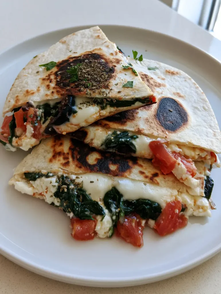 Three wedges of a Mediterranean Quesadilla Recipe showing the vibrant spinach and tomato filling inside melted mozzarella and feta.