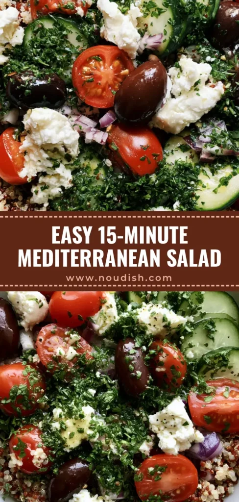 Mediterranean Quinoa Salad with Lemon Oil Dressing 3 A top-down Pinterest-optimized view of Mediterranean Quinoa Salad in a white bowl with red and white quinoa, feta, and olives.