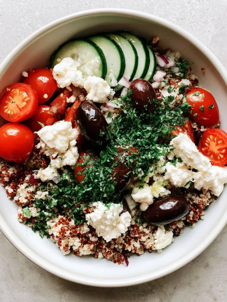 Mediterranean Quinoa Salad with Lemon Oil Dressing 1 Mediterranean Quinoa Salad garnished with heavy parsley and glistening lemon oil dressing in a white ceramic bowl.
