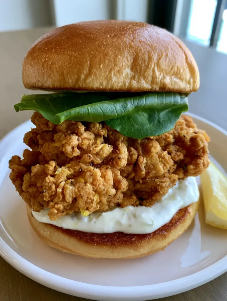 A handheld smartphone photo showing the texture of a golden Crispy Lemon Pepper Chicken Sandwich on a brioche bun.