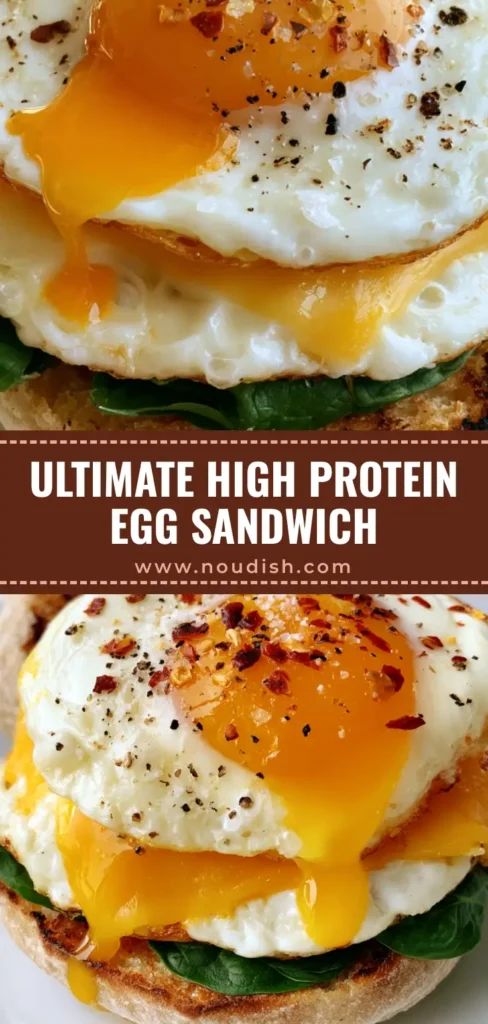 High Protein Egg Sandwich with Jammy Yolks and Toasted Sourdough 4 A handheld high protein egg sandwich on a toasted sourdough English muffin with two jammy eggs, melted cheddar, and fresh spinach. (high protein egg sandwich)
