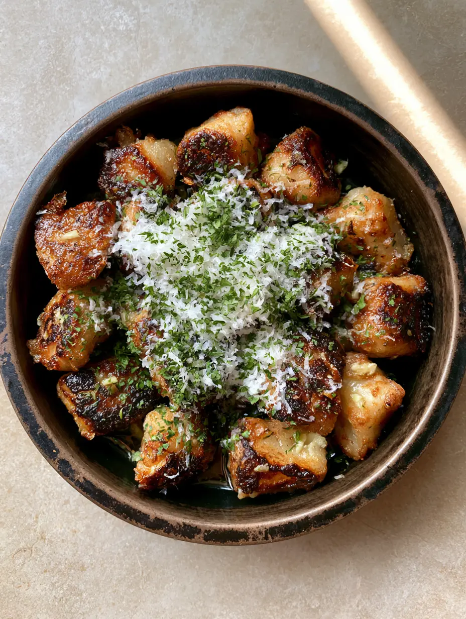 Garlic Butter Fried Gnocchi with Crispy Golden Edges 4 Close-up of pan-fried potato gnocchi showing visible charred textures and glistening garlic butter glaze.