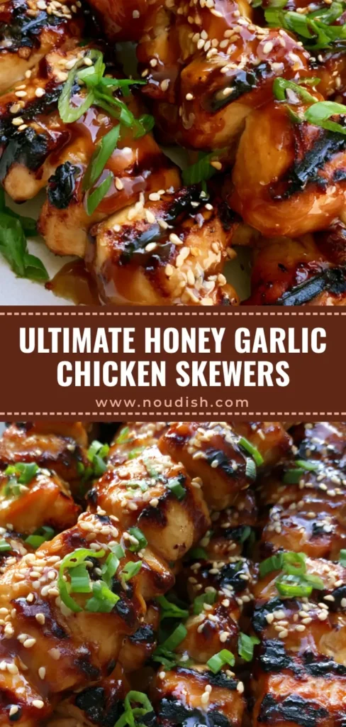A close-up shot of Honey Garlic Chicken Skewers with thick amber glaze, charred edges, sesame seeds, and green scallions on a white plate.