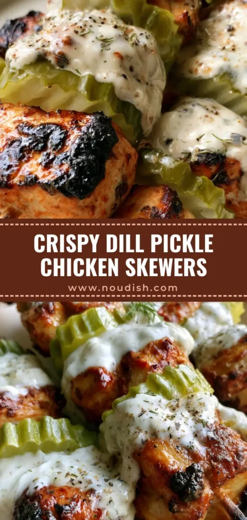 A smartphone photo of three Dill Pickle Chicken Skewers on a white plate, drizzled with creamy ranch and garnished with fresh dill.