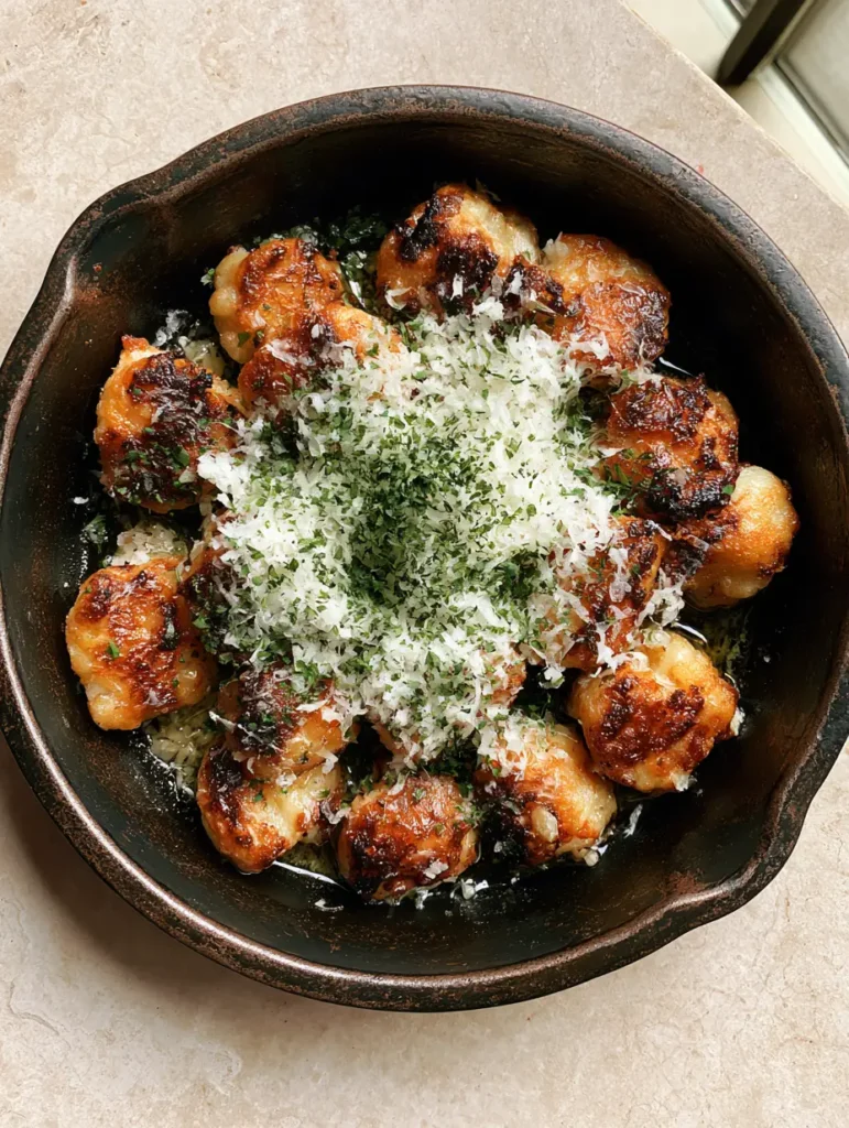 Garlic Butter Fried Gnocchi with Crispy Golden Edges 1 Top-down view of Garlic Butter Fried Gnocchi topped with finely grated parmesan and parsley in a rustic skillet.