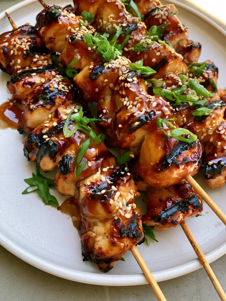 Top-down view of tightly packed Honey Garlic Chicken Skewers with caramelized grill marks and sesame seeds garnish.